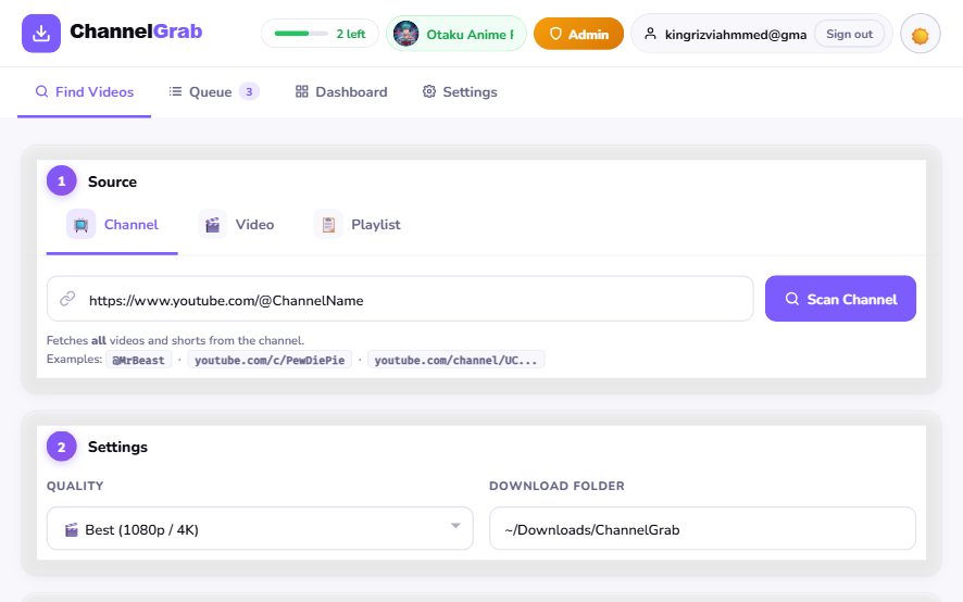 ChannelGrab — Find Videos tab