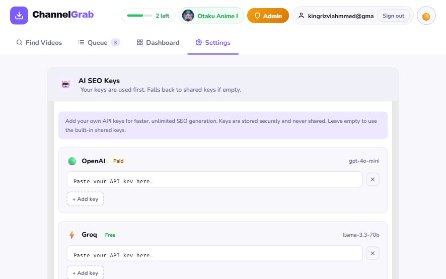 ChannelGrab — Settings with AI provider integrations